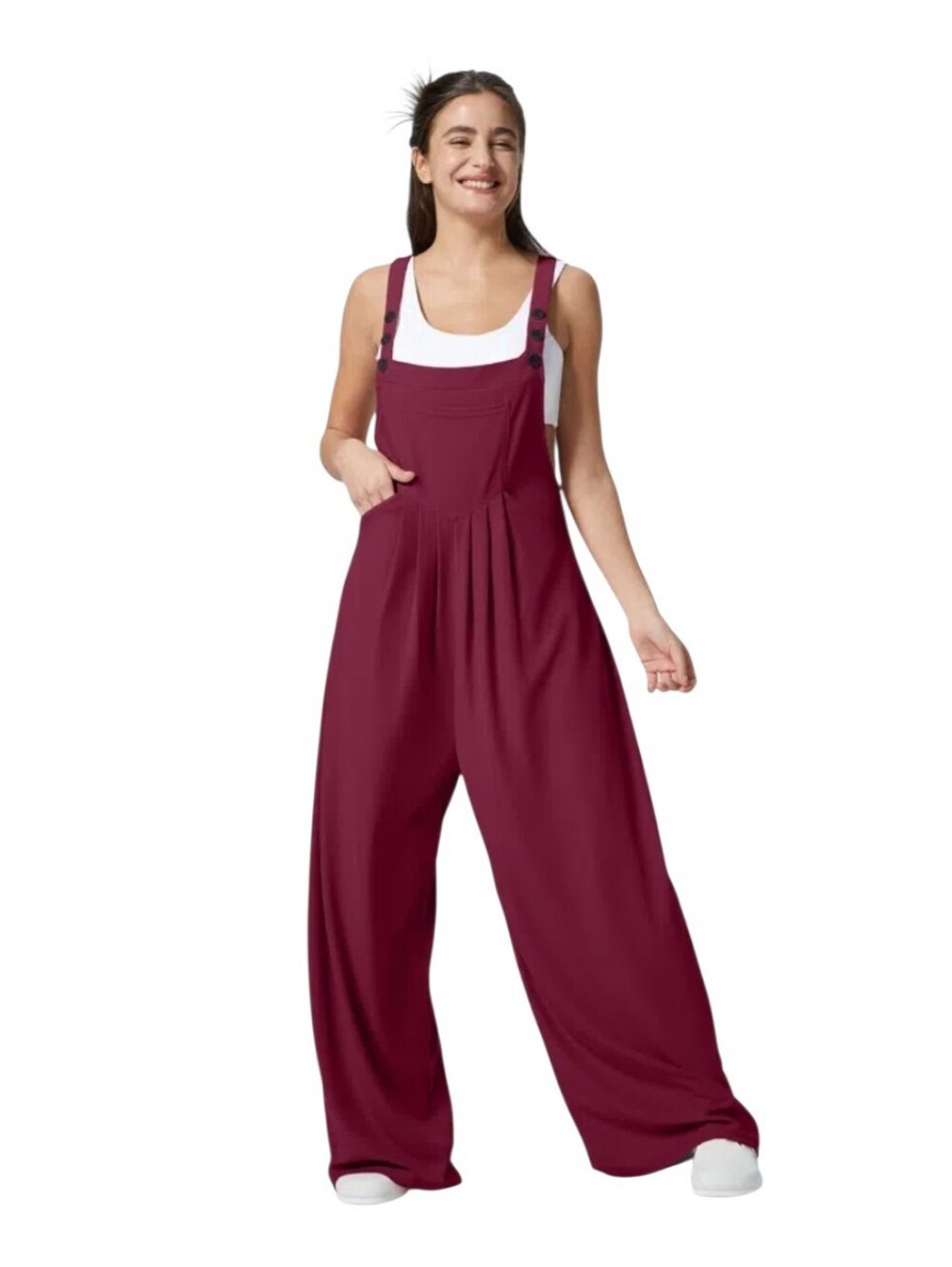 Halara Burgundy Waffle Knit Wide Leg Pleated Flowy Jumpsuit w Pockets size large